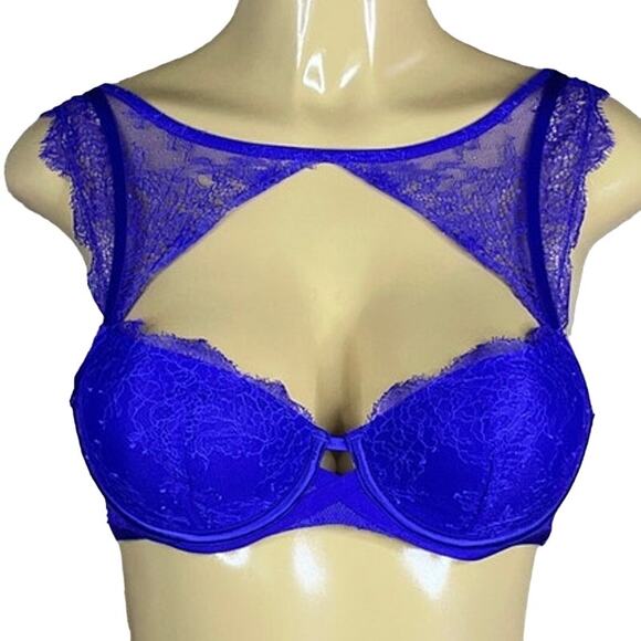Victoria's Secret Very Sexy Lined Demi Lace Bra High Neck Cobalt Blue Size 34B - Picture 1 of 9